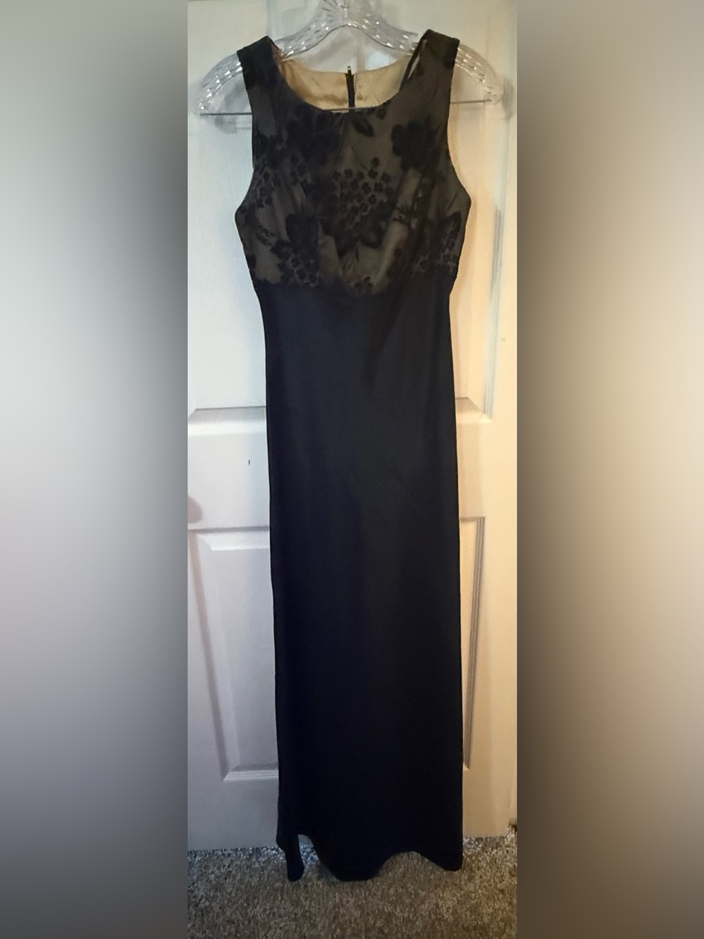 Elegant Black and Floral Overlay Evening Dress